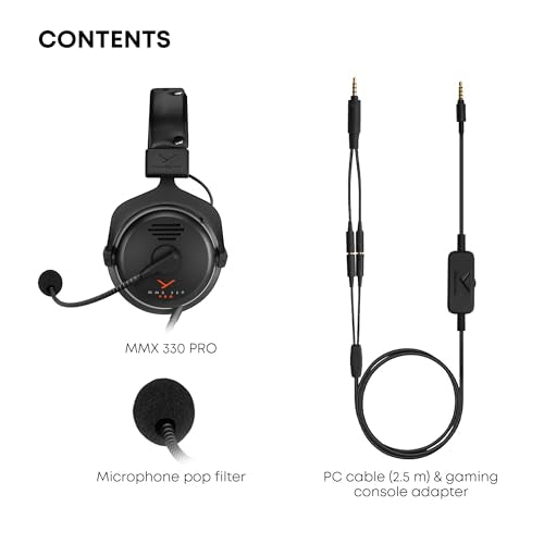 Contents of beyerdynamic MMX 300 PRO gaming headset including headset, microphone pop filter, and PC cable with gaming console adapter