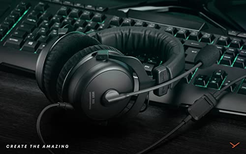 beyerdynamic MMX 300 PRO gaming headset with microphone placed on a gaming keyboard
