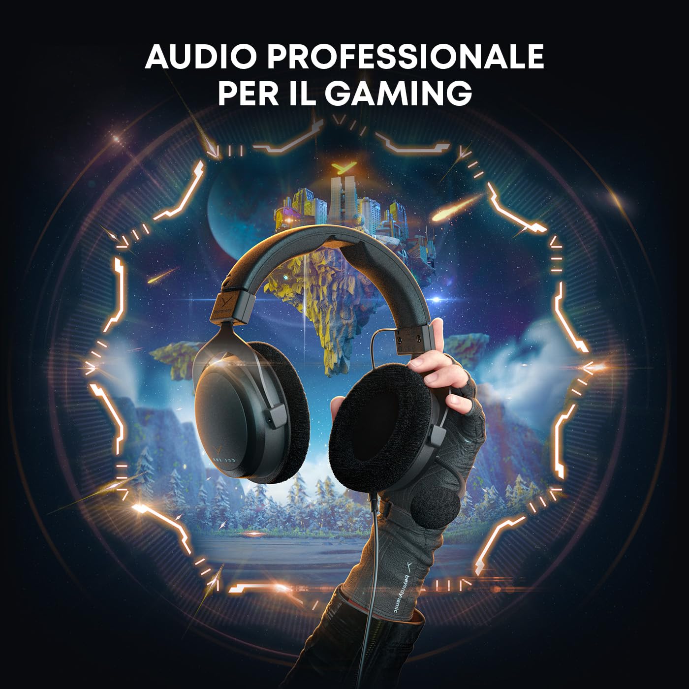 Hand holding beyerdynamic MMX 300 PRO gaming headset with futuristic gaming background