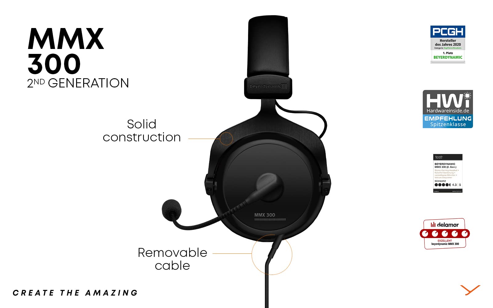 beyerdynamic MMX 300 PRO gaming headset with solid construction and removable cable in black