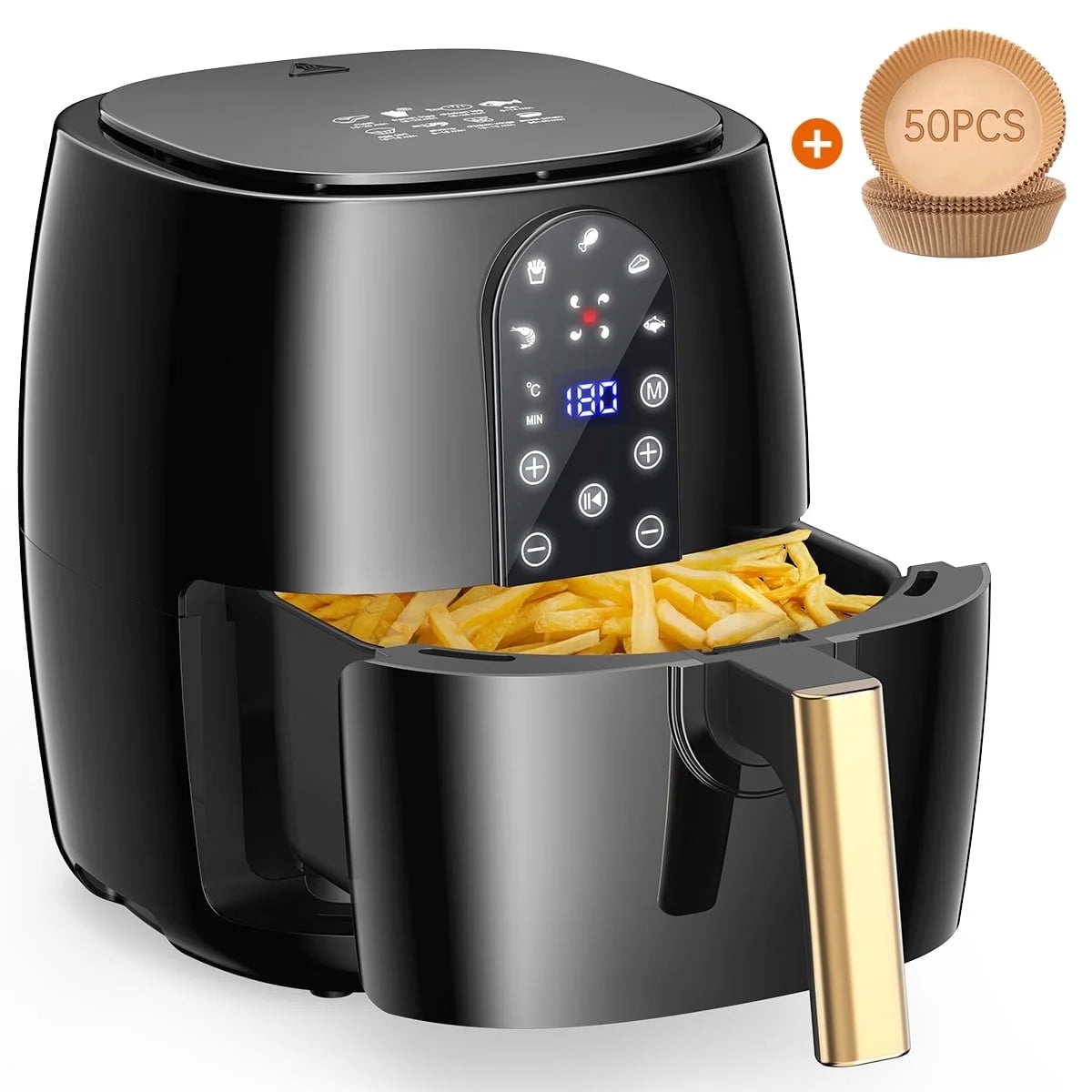 Craques 5.2QT air fryer oven in black with gold handle and digital touch controls cooking French fries