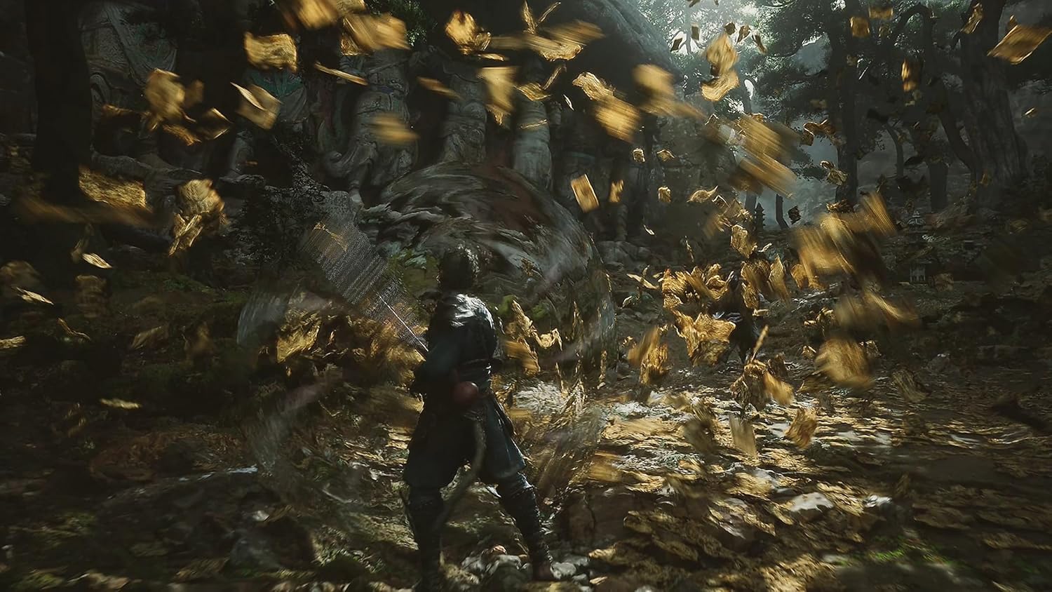 Dark action scene from Black Myth Wukong PS5 featuring a warrior surrounded by swirling golden leaves in a forest