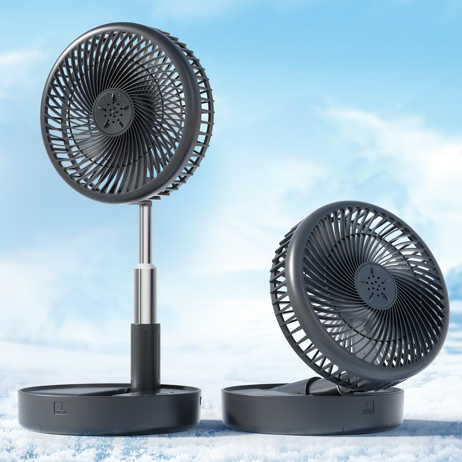 Craques portable rechargeable standing fan in black shown extended and folded for easy use and transport