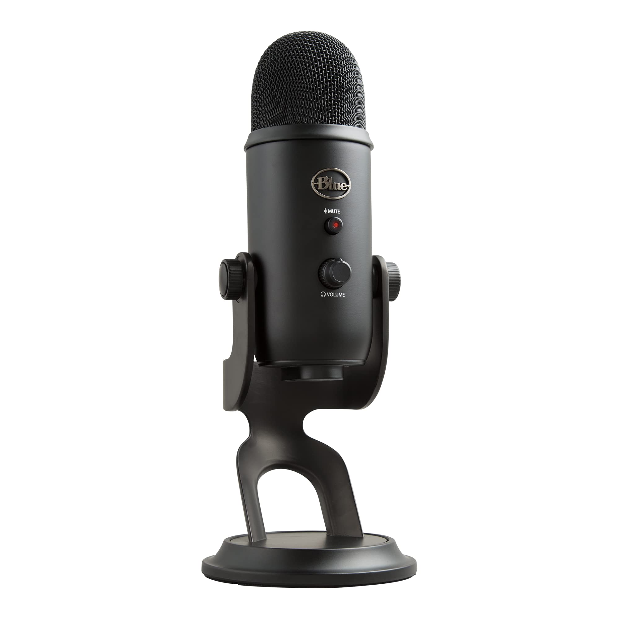 Blue Yeti USB microphone for streaming in black with volume and mute controls on a desktop stand