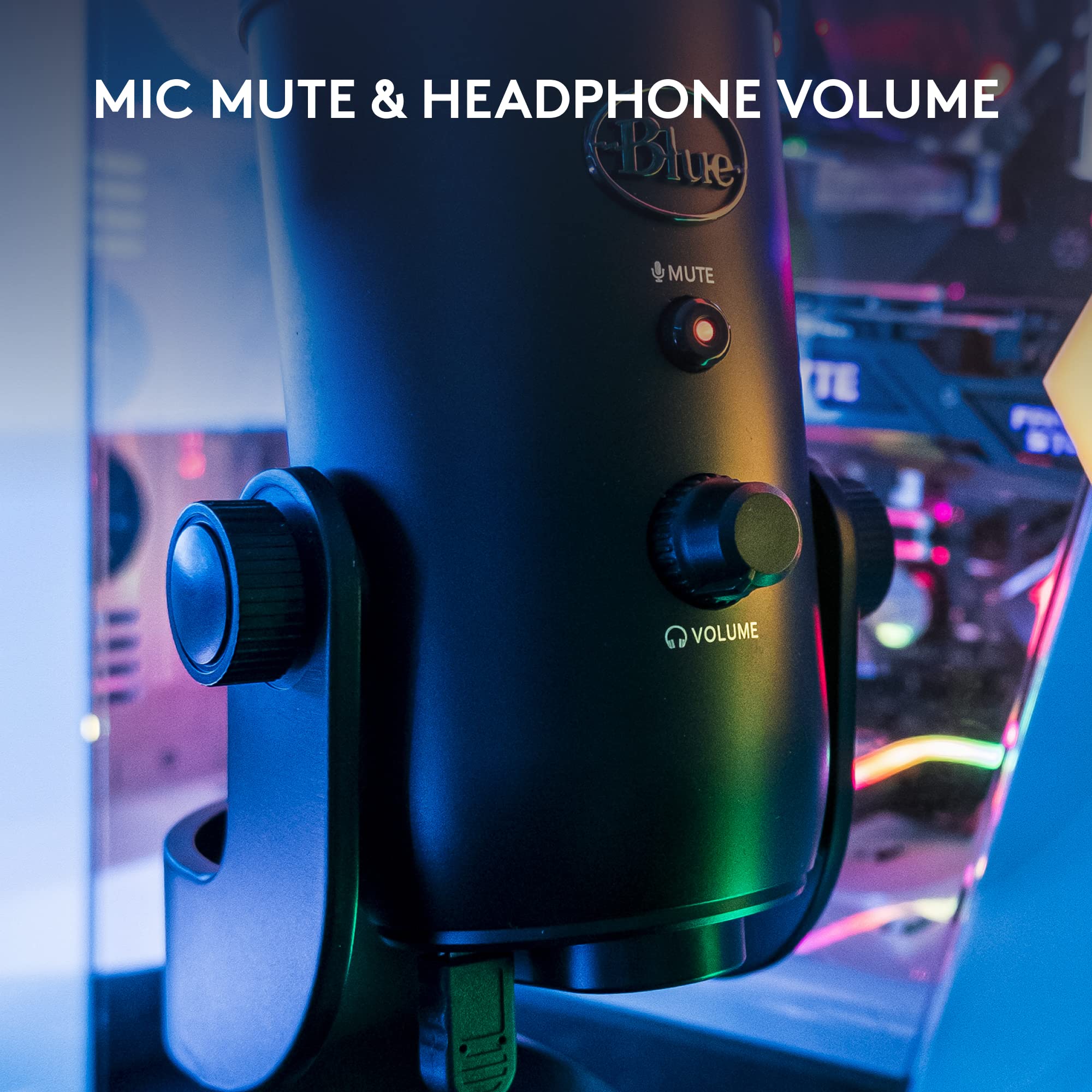 Blue Yeti USB microphone for streaming showing mic mute button and headphone volume control