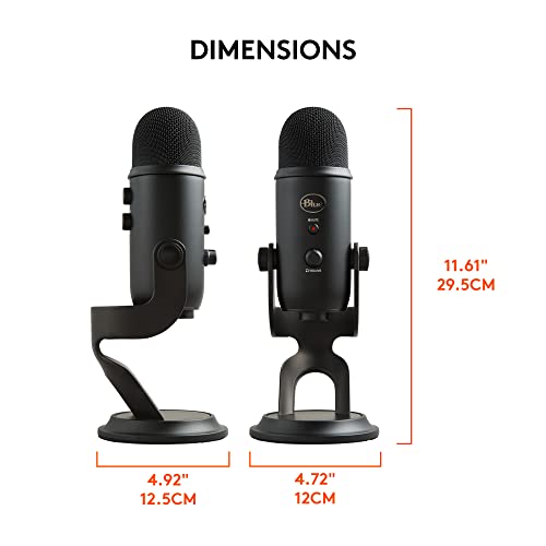 Blue Yeti USB microphone for streaming showing front and side views with dimensions in inches and centimeters
