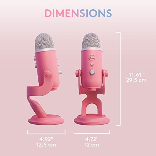 Pink Blue Yeti USB microphone for streaming shown from side and front with dimensions on pink background
