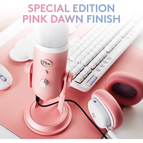Special edition Pink Dawn Finish Blue Yeti USB microphone for streaming on a pink desk setup