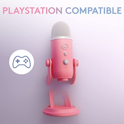Pink Blue Yeti USB microphone for streaming with PlayStation compatible label and game controller icon