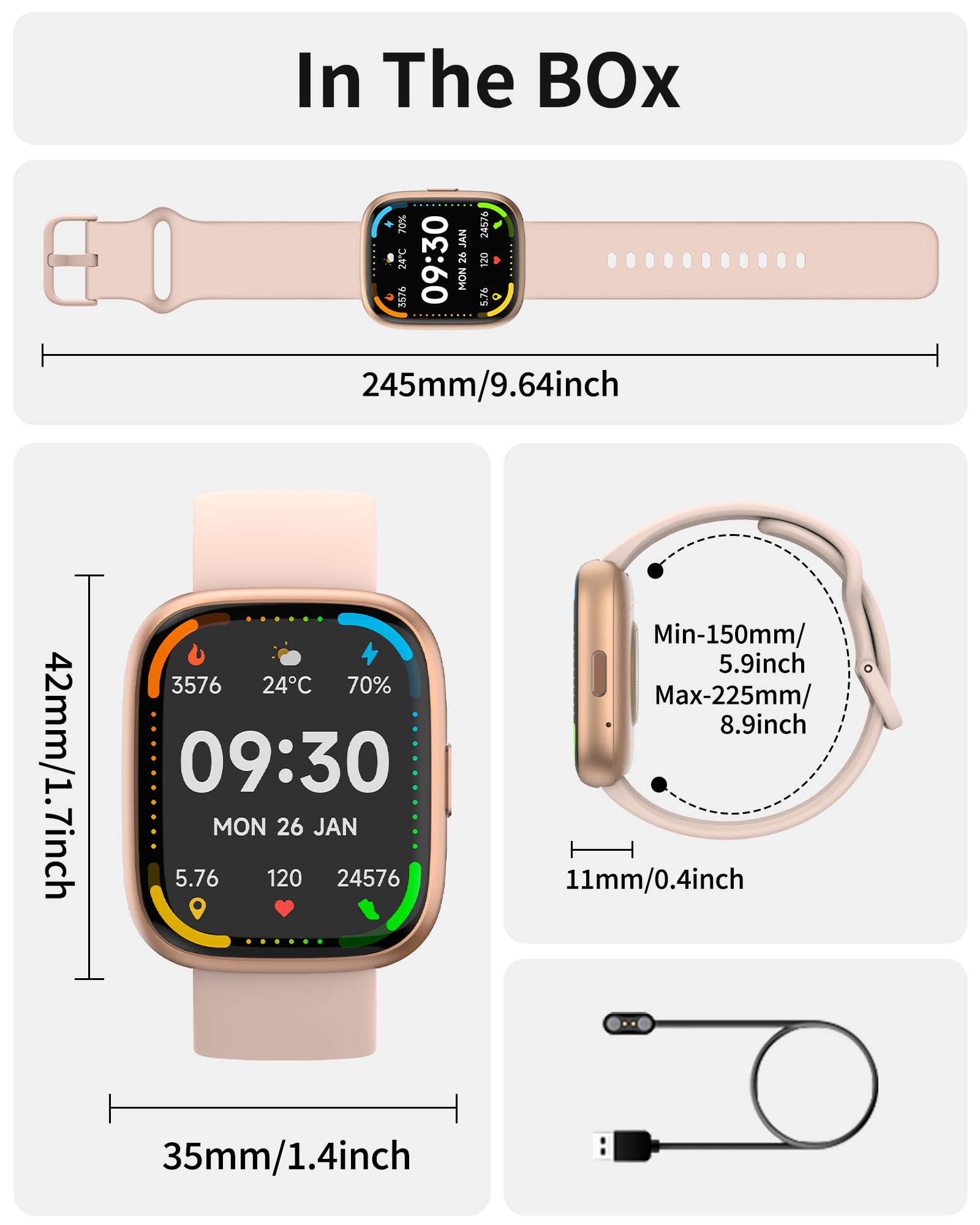 Craques bluetooth calling smart watch with pink strap showing dimensions and USB charging cable