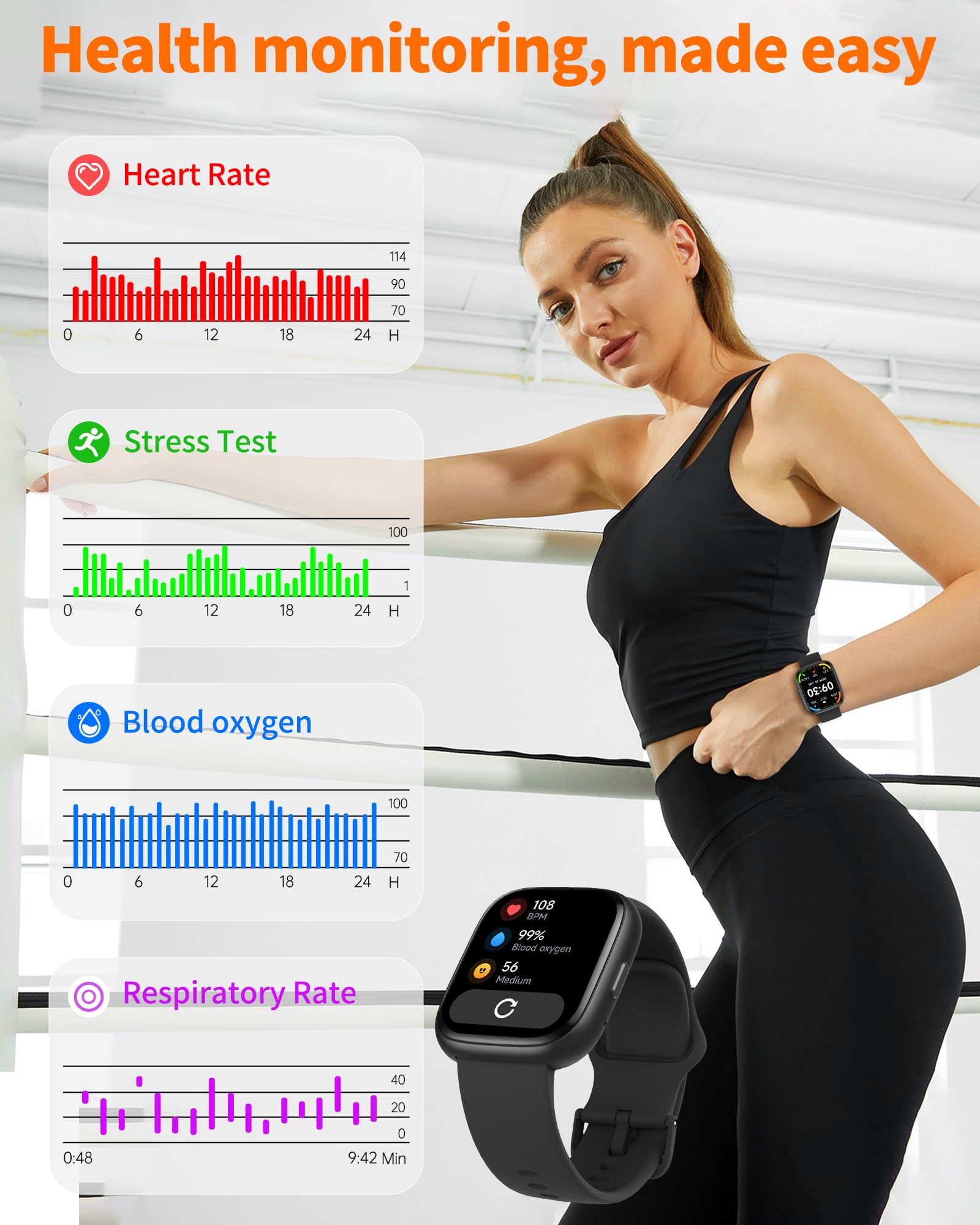 Bluetooth calling smart watch by craques worn by woman showing health monitoring features like heart rate and blood oxygen