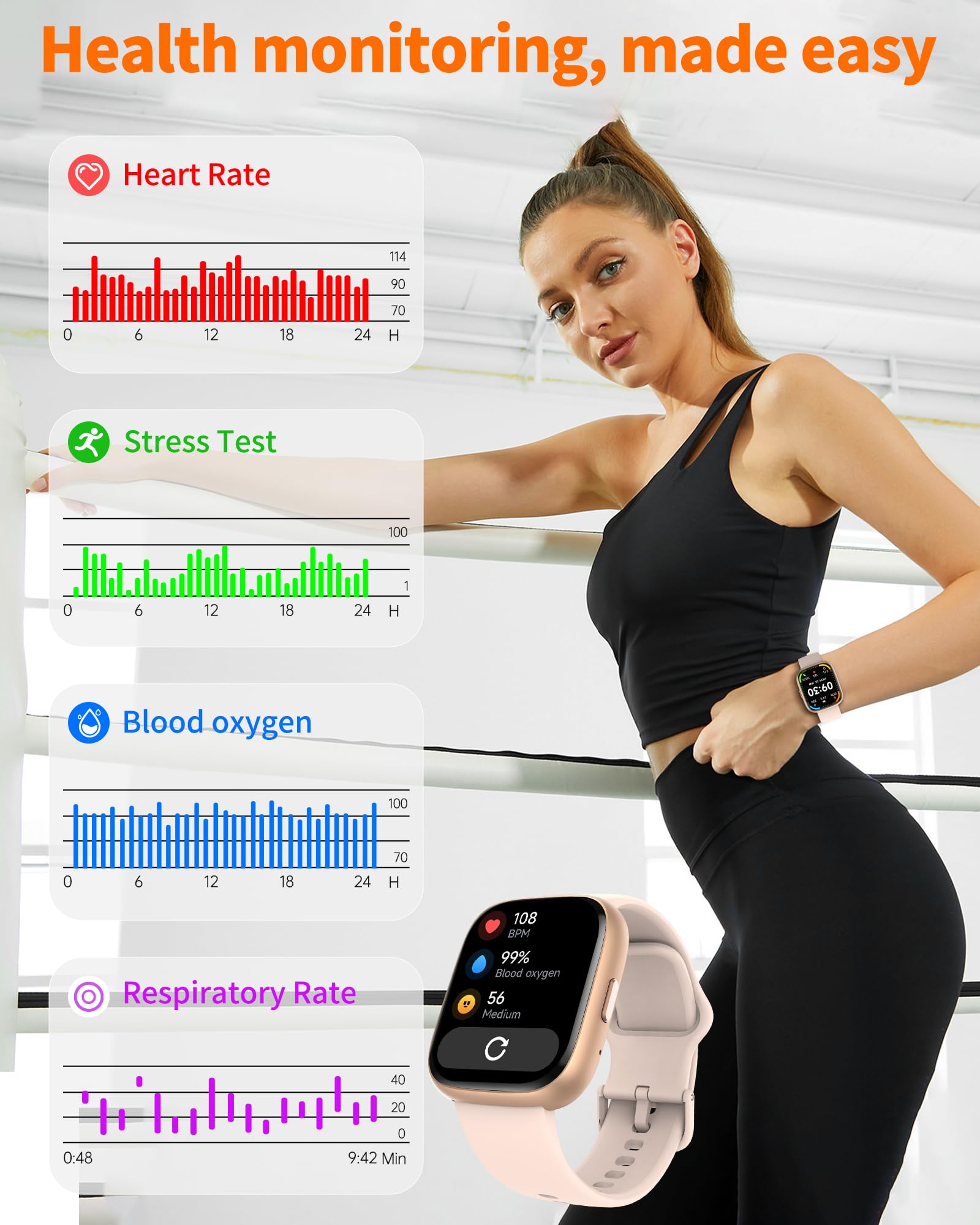 craques bluetooth calling smart watch in pink showing health data with woman in black workout clothes