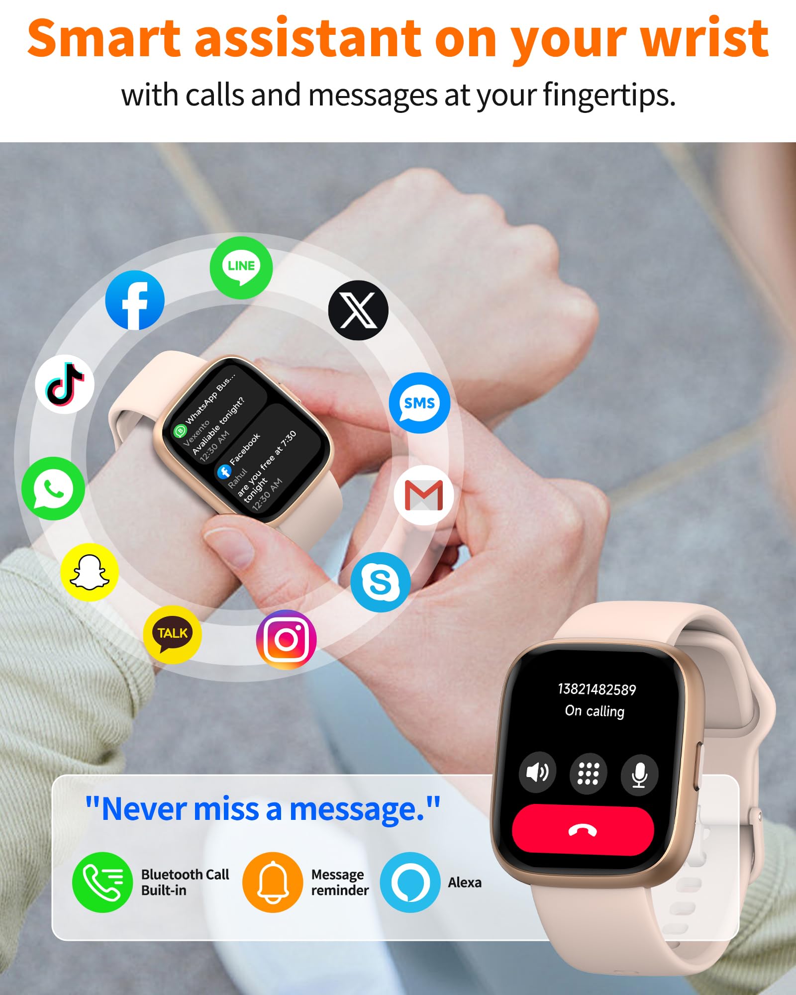 Craques bluetooth calling smart watch with message reminder and Alexa support on beige strap