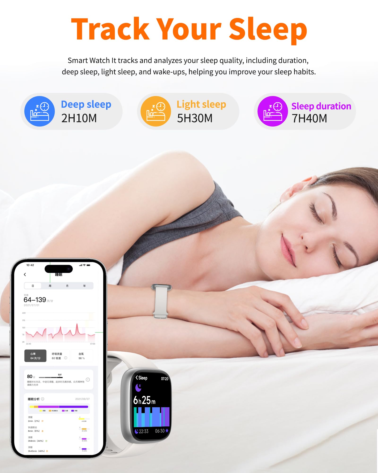 craques bluetooth calling smart watch showing sleep tracking with deep sleep, light sleep, and sleep duration data