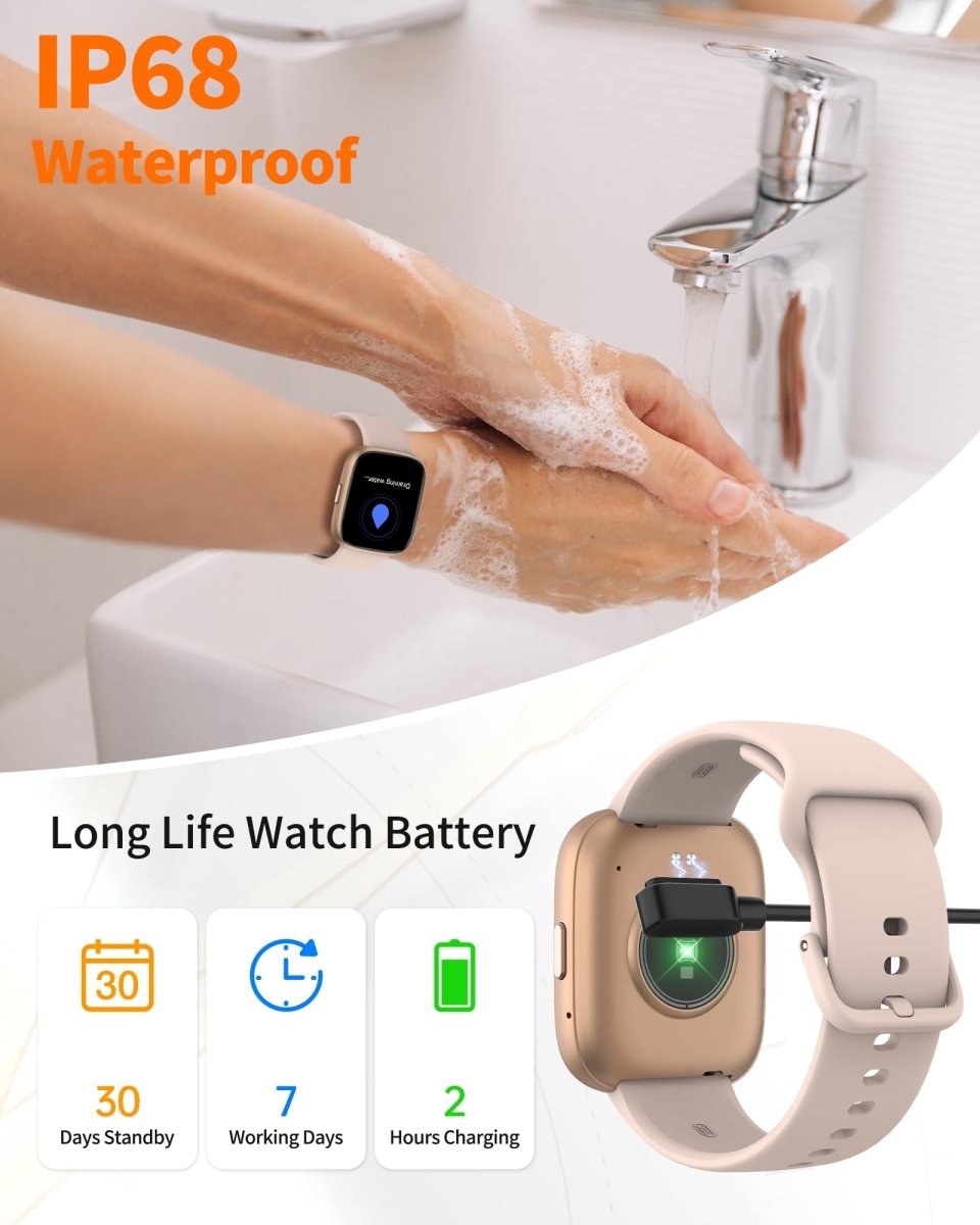 Bluetooth calling smart watch by craques being used while washing hands, showcasing waterproof feature and long battery life