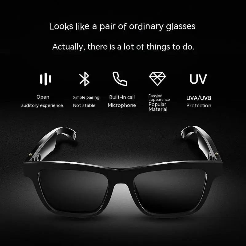 Black Bluetooth smart glasses with headset featuring built-in microphone and UVA UVB protection
