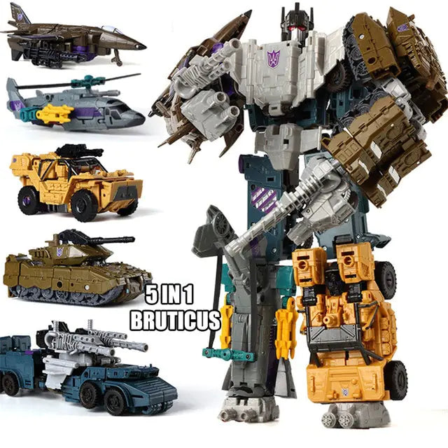 Craques 5 in 1 transformer toy featuring Bruticus robot and four vehicle modes including jet, helicopter, tank, and truck