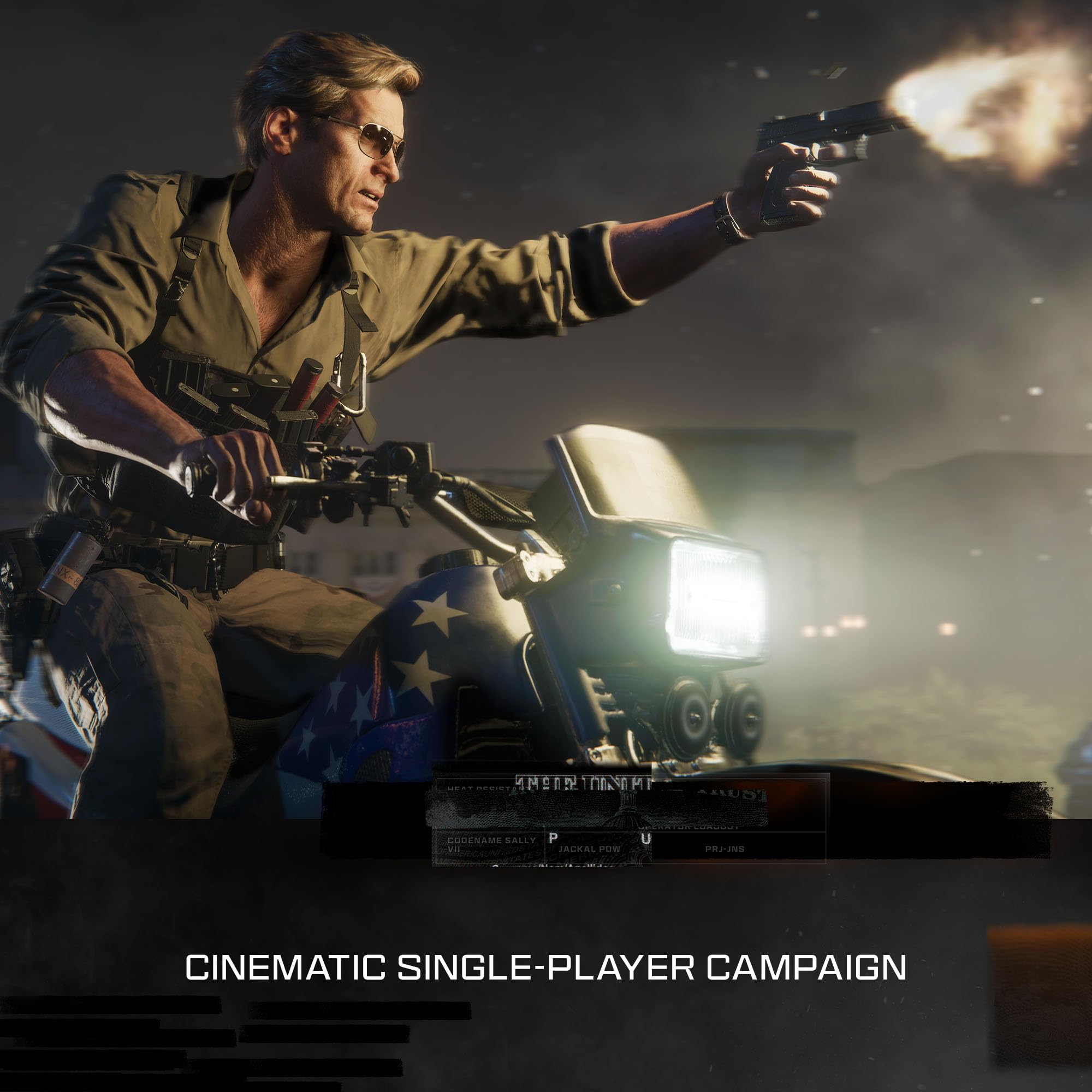 Call of Duty Black Ops 6 PS5 cinematic single-player campaign showing a soldier firing a handgun while riding a motorcycle