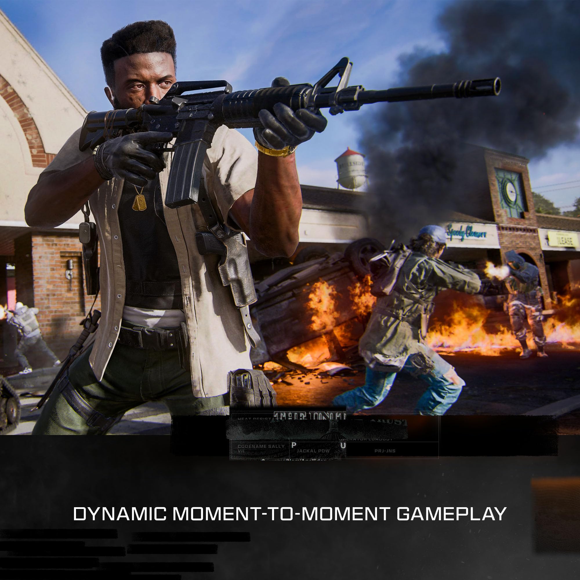 Call of Duty Black Ops 6 PS5 intense firefight scene with soldier aiming rifle amid explosion in urban setting