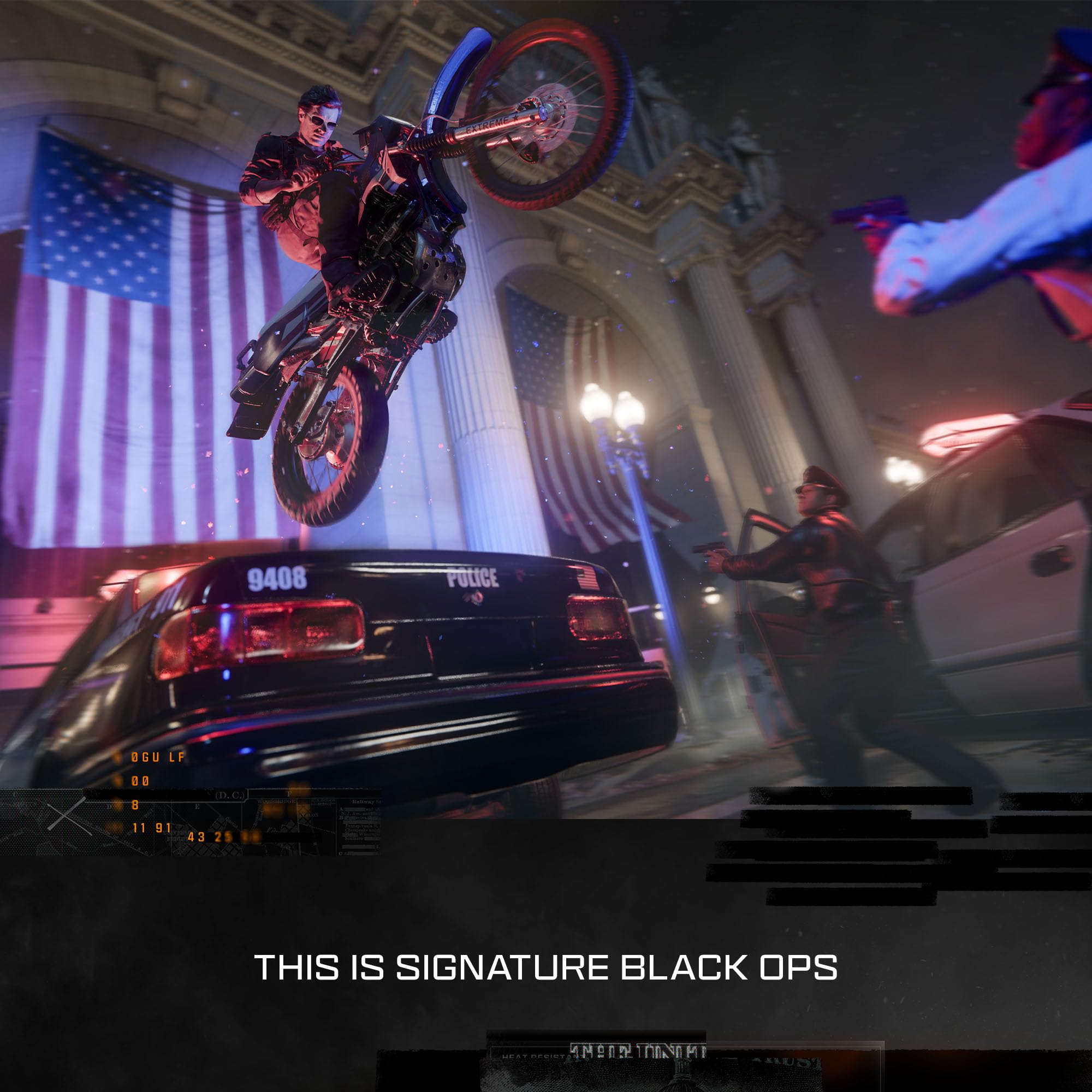 Action scene from Call of Duty Black Ops 6 PS5 showing a motorbike jump over a police car in front of a government building