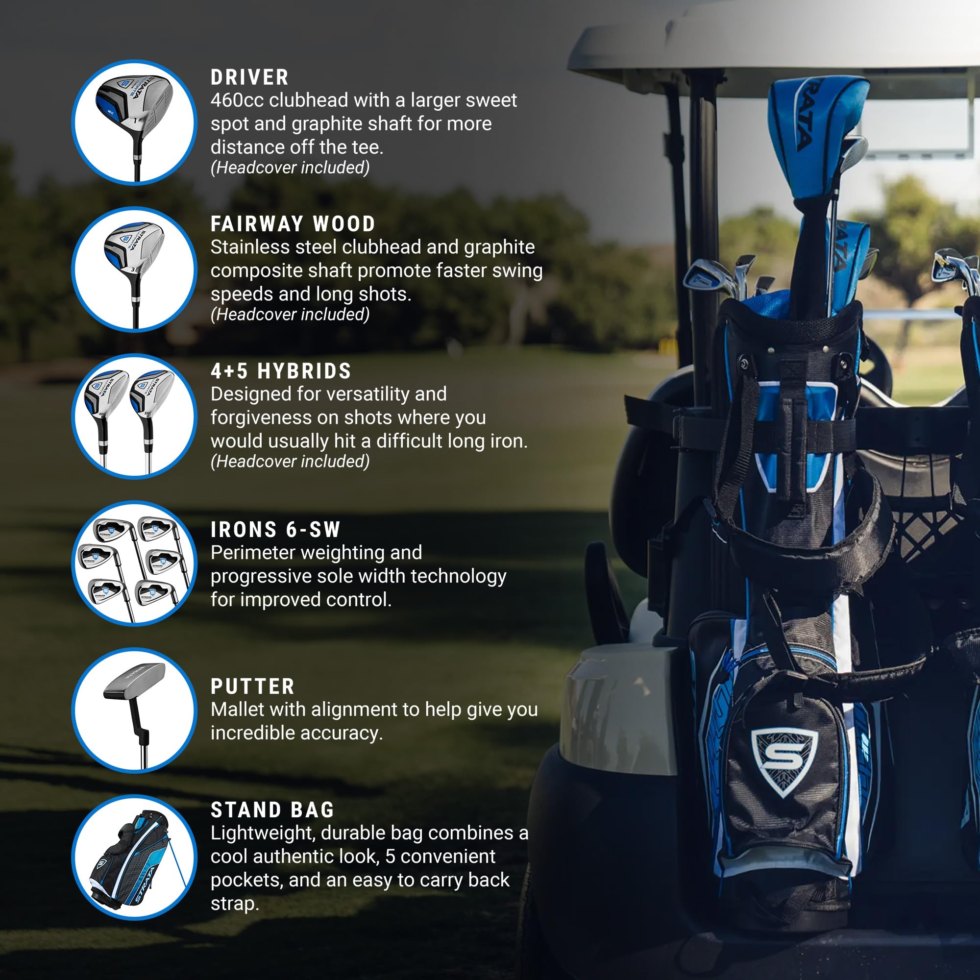 Callaway Strata golf club set by craques showing driver, fairway wood, hybrids, irons, putter, and stand bag on golf cart