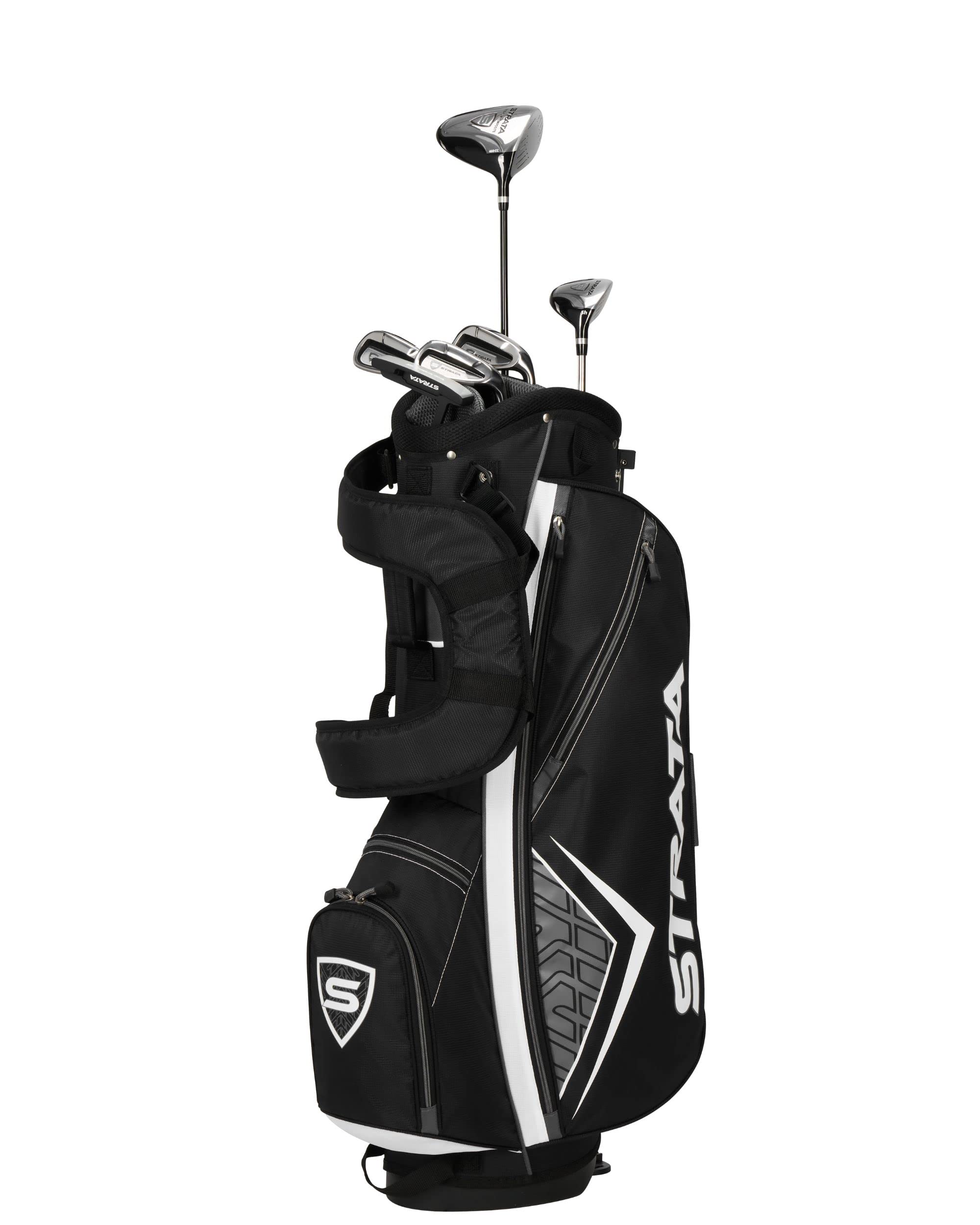 Callaway Strata golf club set with black and white golf bag and multiple clubs including driver and irons