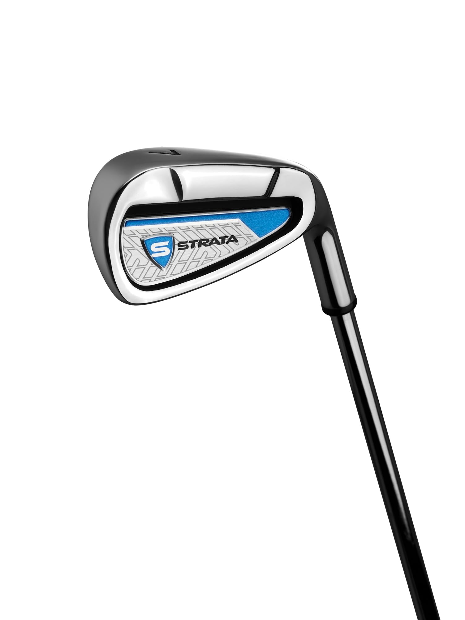 Close-up of Callaway Strata golf club set iron with blue and silver detailing on white background