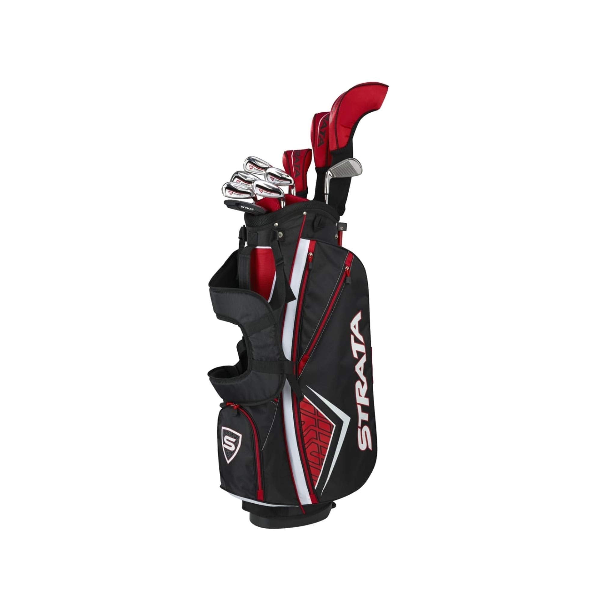 Callaway Strata golf club set in black and red with multiple irons and a carry bag by craques
