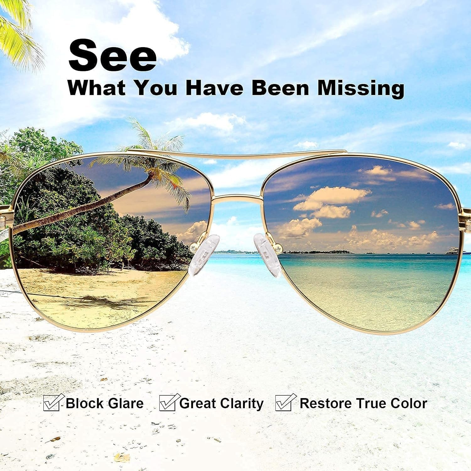 Craques polarized sunglasses for women with gold frame showing clear beach and sky blocking glare