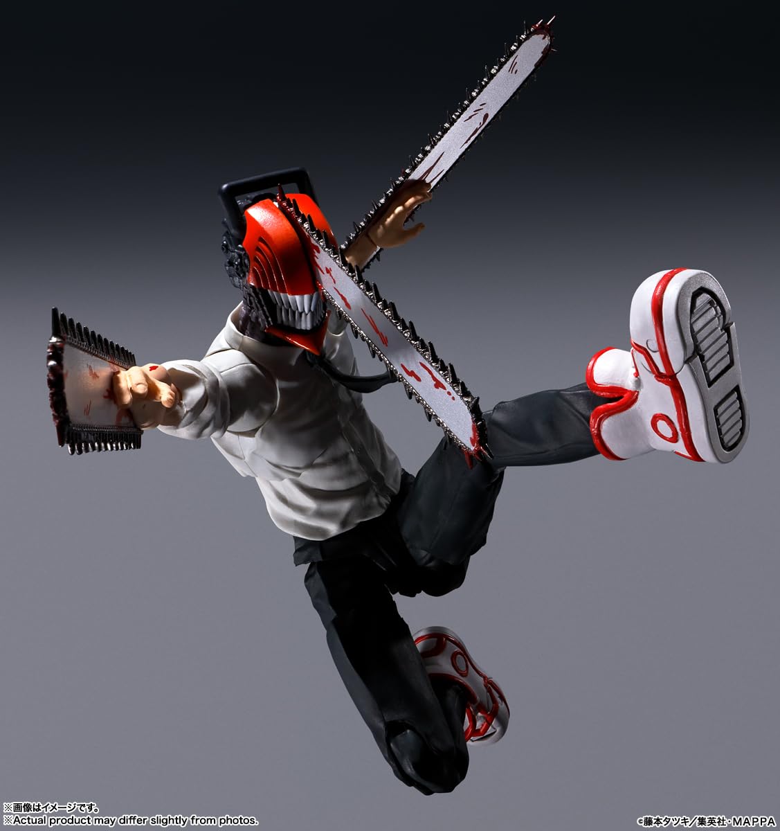 Chainsaw Man action figure in dynamic pose with detailed chainsaw blades and red white sneakers