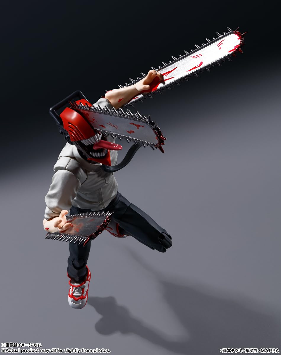 Chainsaw Man action figure in dynamic pose with detailed chainsaw blades and red and white color scheme