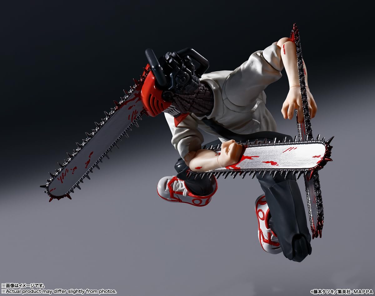 Chainsaw Man action figure by craques featuring dynamic pose with blood details on chainsaws and outfit