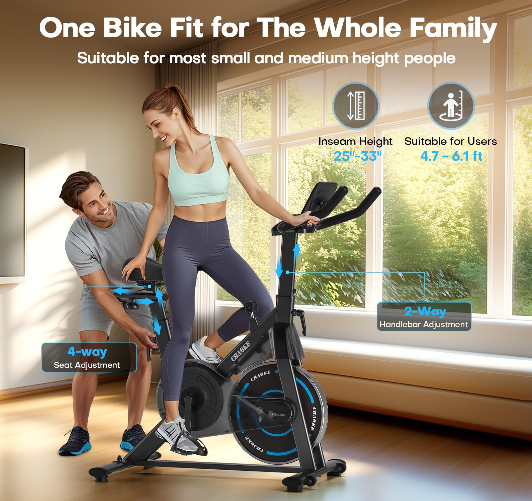 Craques magnetic resistance exercise bike with adjustable seat and handlebars suitable for the whole family