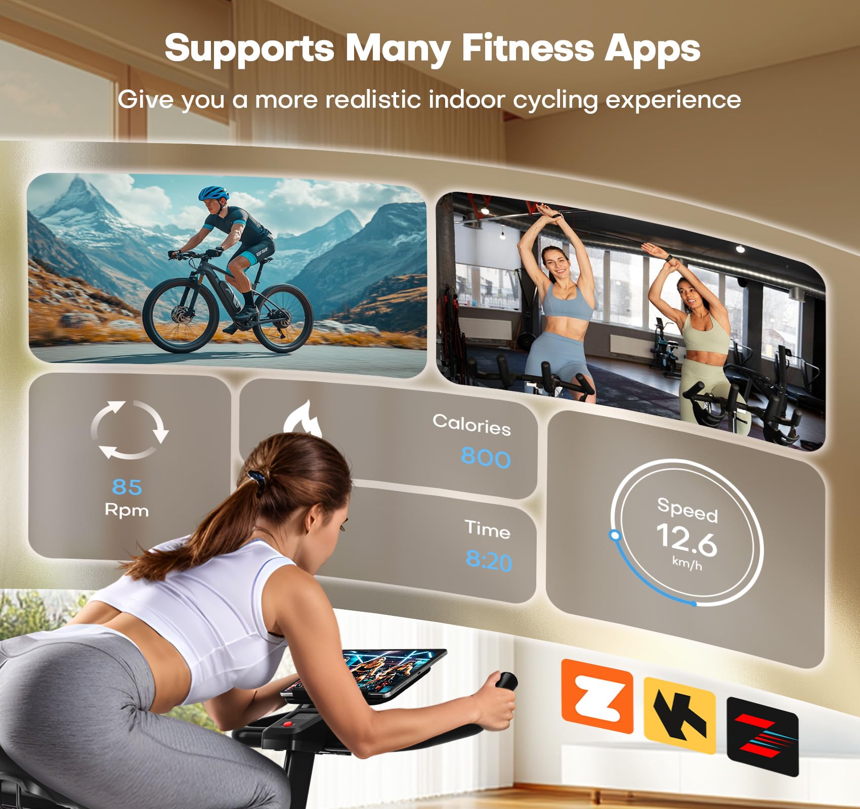 Woman using craques magnetic resistance exercise bike with fitness app support and performance tracking