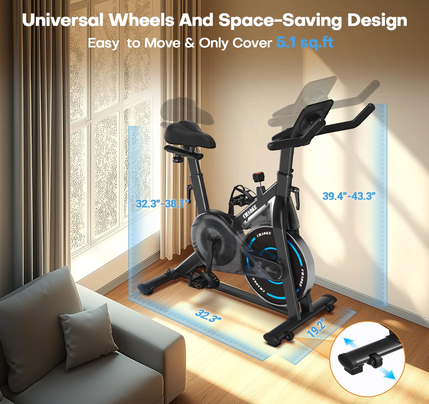 Craques magnetic resistance exercise bike with universal wheels and space-saving design for easy mobility