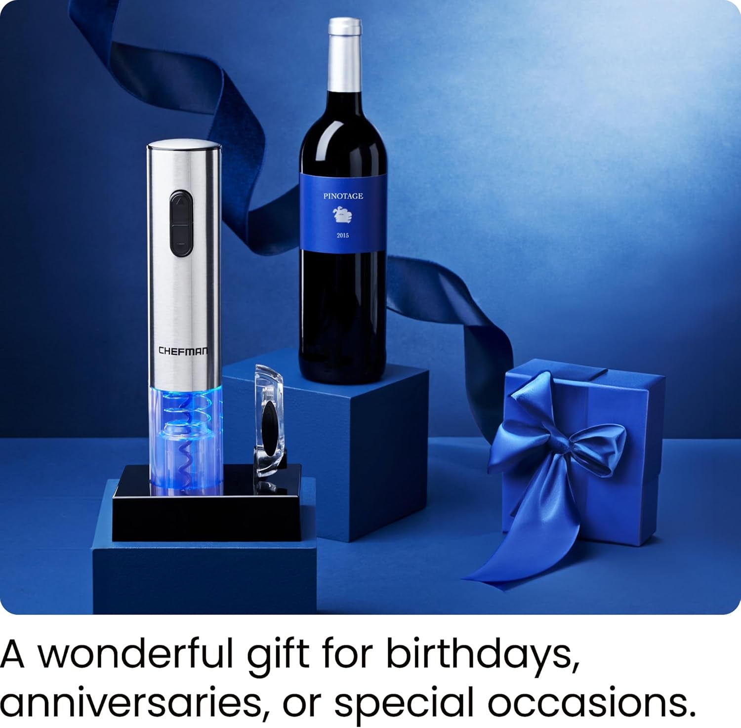 Craques electric wine opener rechargeable stainless steel with blue LED light next to wine bottle and blue gift box