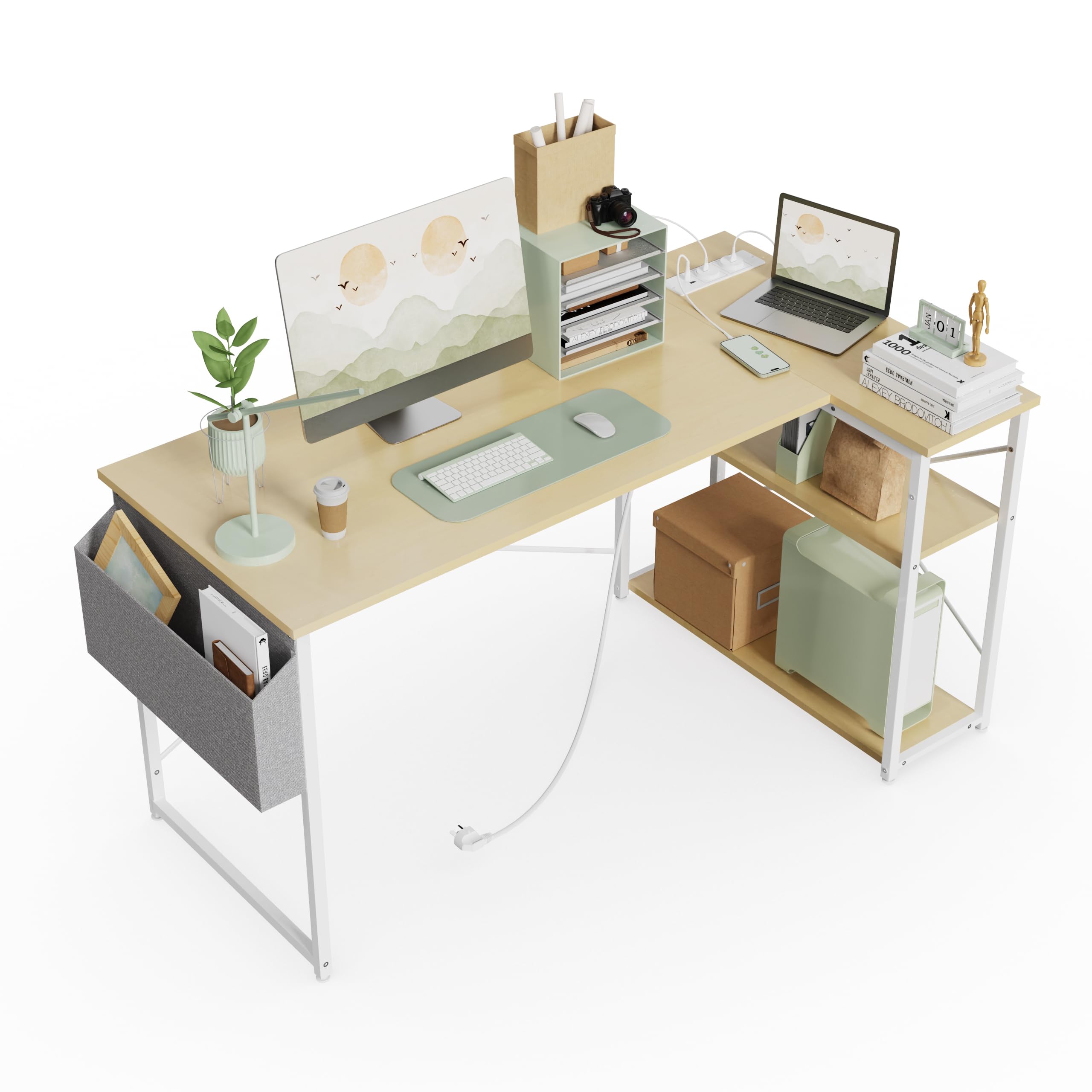 Craques computer desk with power outlets featuring dual shelving and organizer pocket in light wood and white metal frame