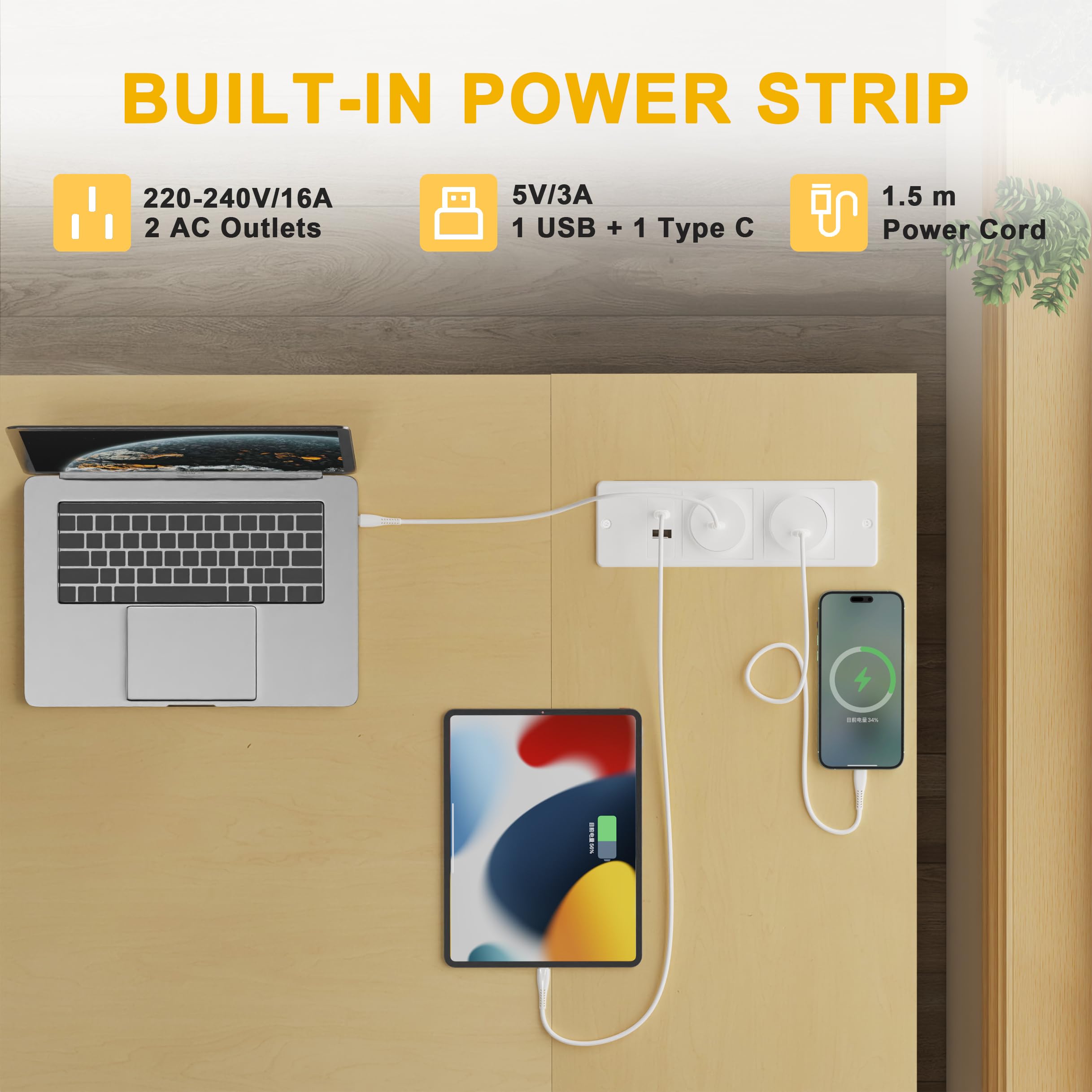 Computer desk with power outlets featuring built-in power strip with AC outlets USB and Type C charging ports