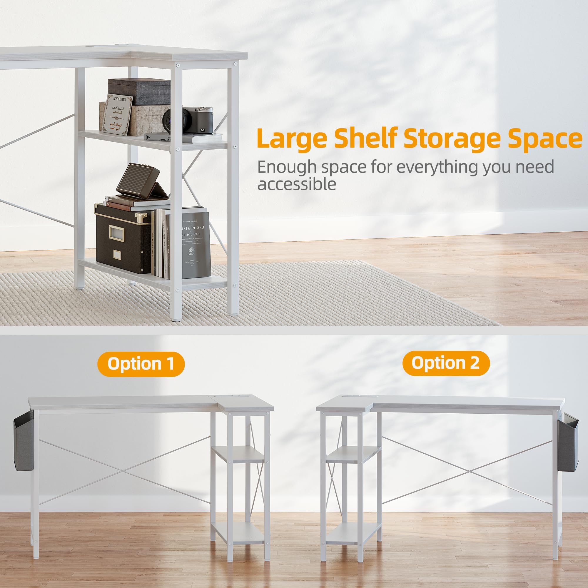 Craques white computer desk with power outlets featuring large shelf storage space and two setup options