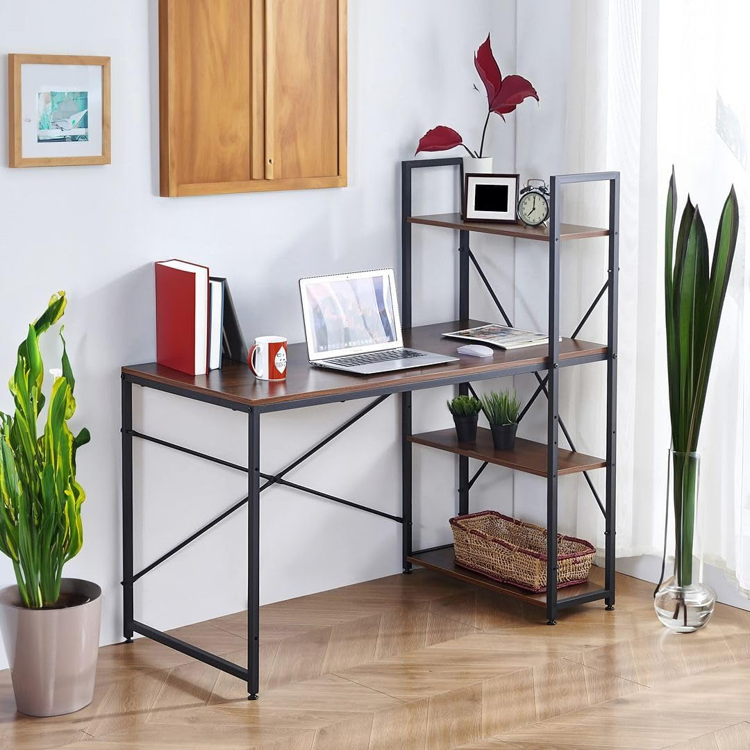 Craques computer desk with shelves in black metal frame and wood finish with laptop and decor