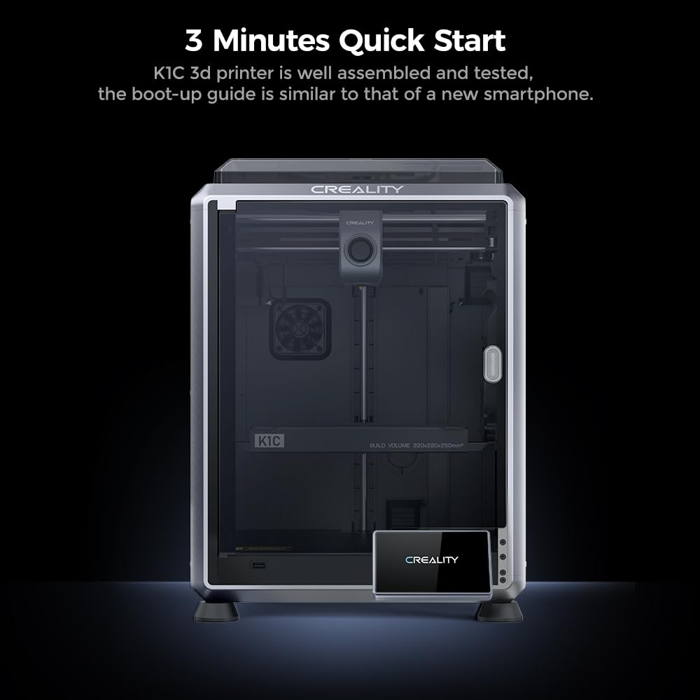 Creality K1C 3D printer with a sleek black and silver design and touch screen control panel