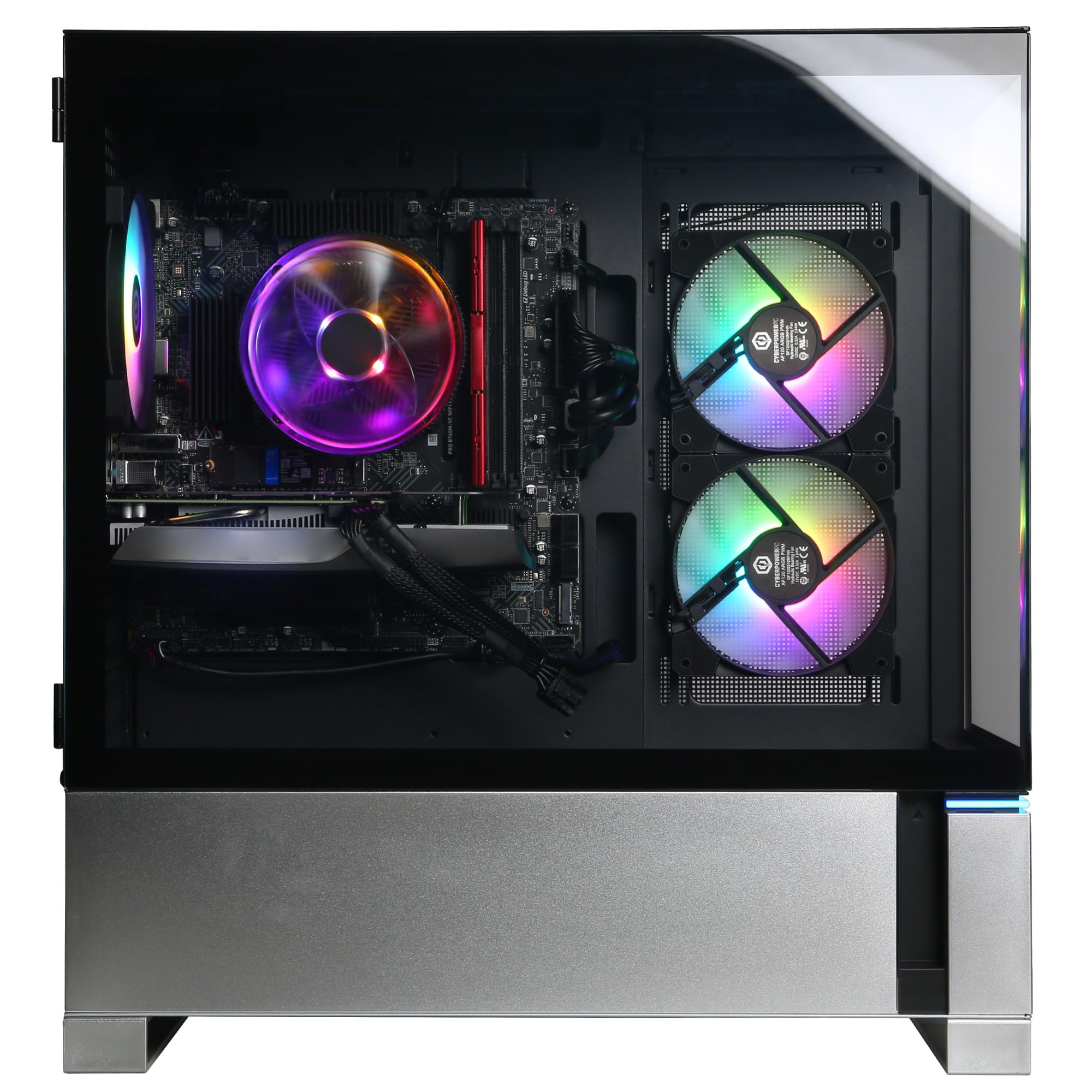 CYBERPOWERPC Gamer Xtreme VR gaming PC with RGB-lit cooling fans and transparent side panel