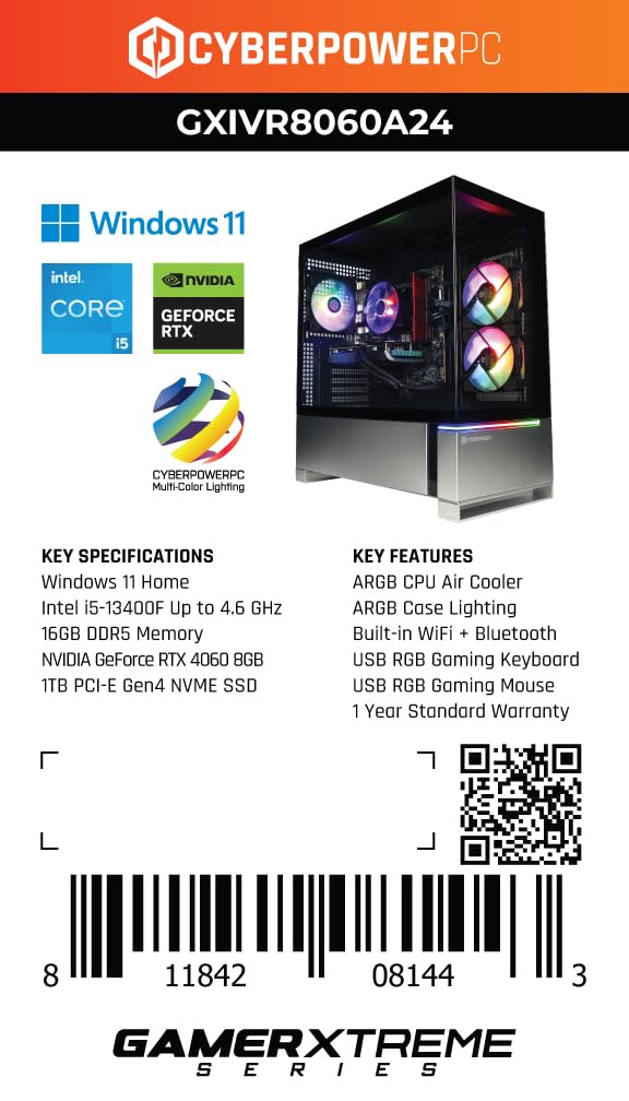 CYBERPOWERPC Gamer Xtreme VR gaming PC with Intel Core i5, NVIDIA GeForce RTX 4060, ARGB cooling, and Windows 11