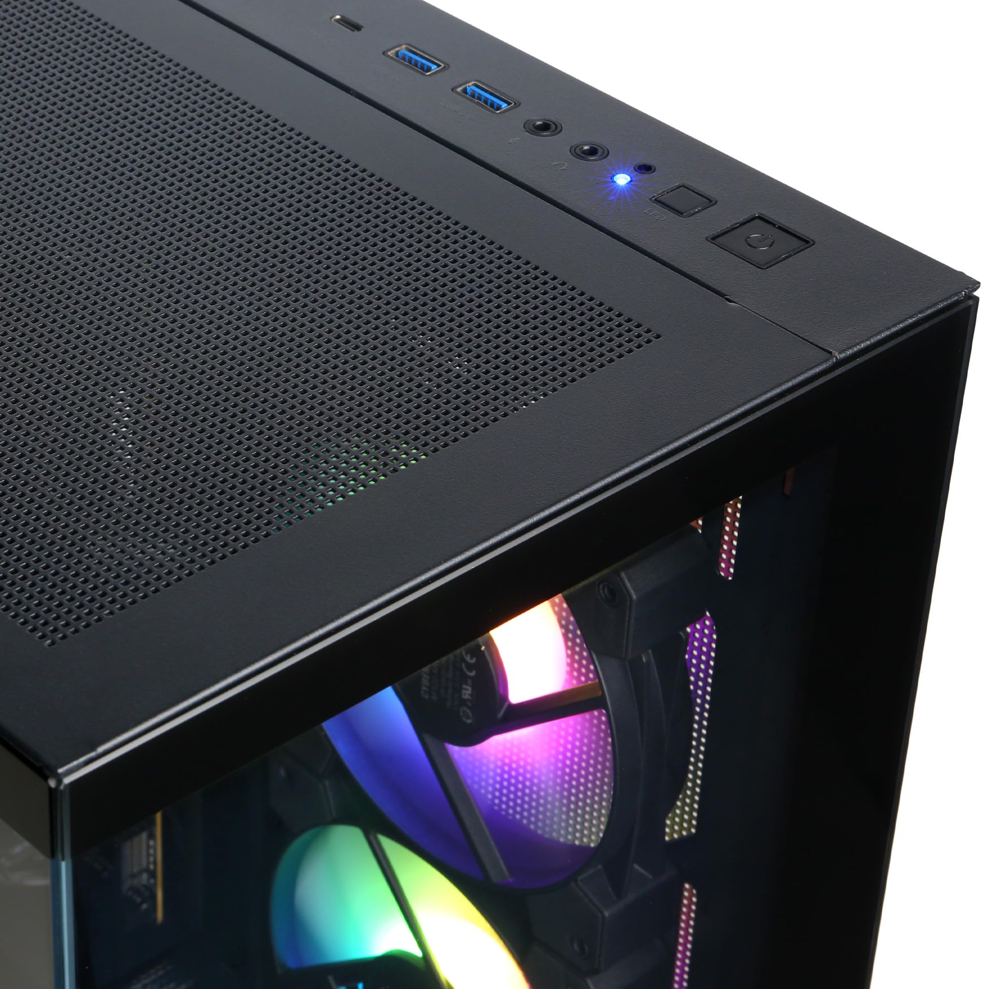 Close-up of black CYBERPOWERPC Gamer Xtreme VR gaming PC with RGB fans and front USB ports