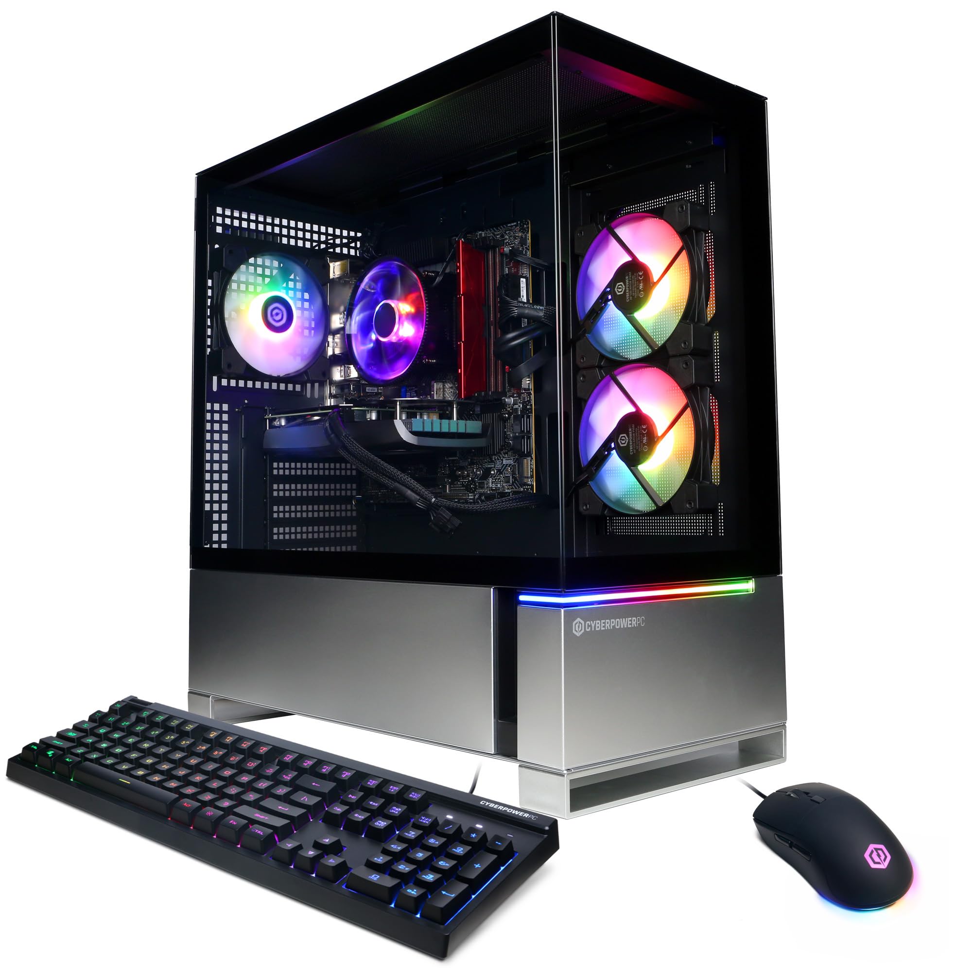 CYBERPOWERPC Gamer Xtreme VR gaming PC with RGB-lit transparent case, keyboard, and gaming mouse