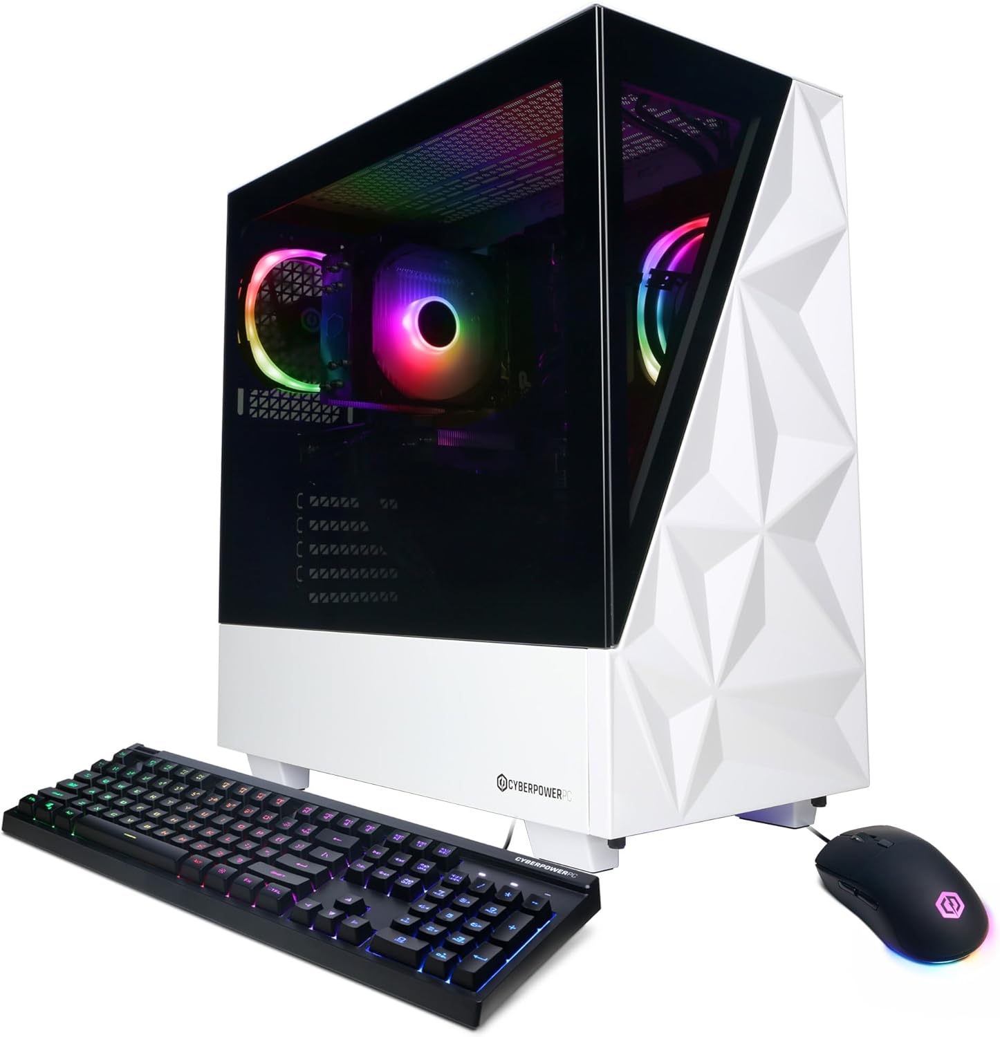 CYBERPOWERPC Gamer Xtreme VR Gaming PC with white geometric case RGB lighting keyboard and mouse