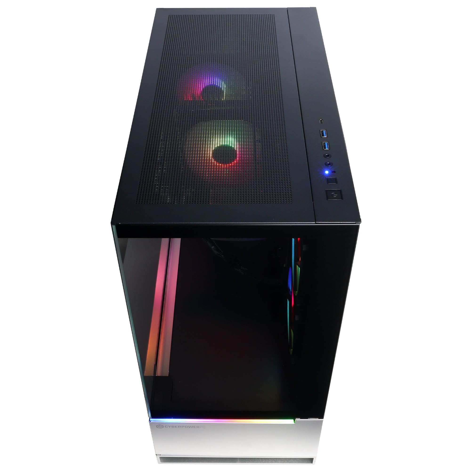 Craques high performance gaming pc with sleek black case and RGB cooling fans visible from top