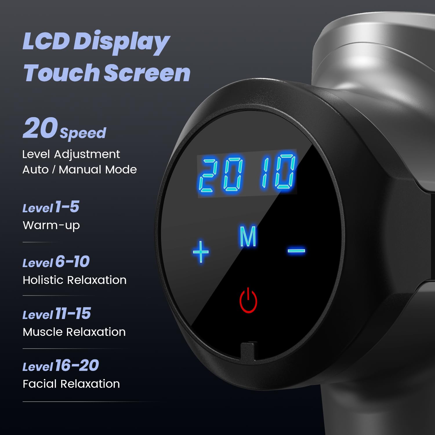 craques deep tissue massage gun with LCD touchscreen display and 20 speed level adjustment