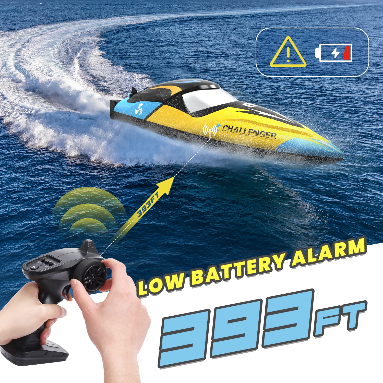 Fast remote control boat for kids in yellow and blue with 393 feet range and low battery alarm