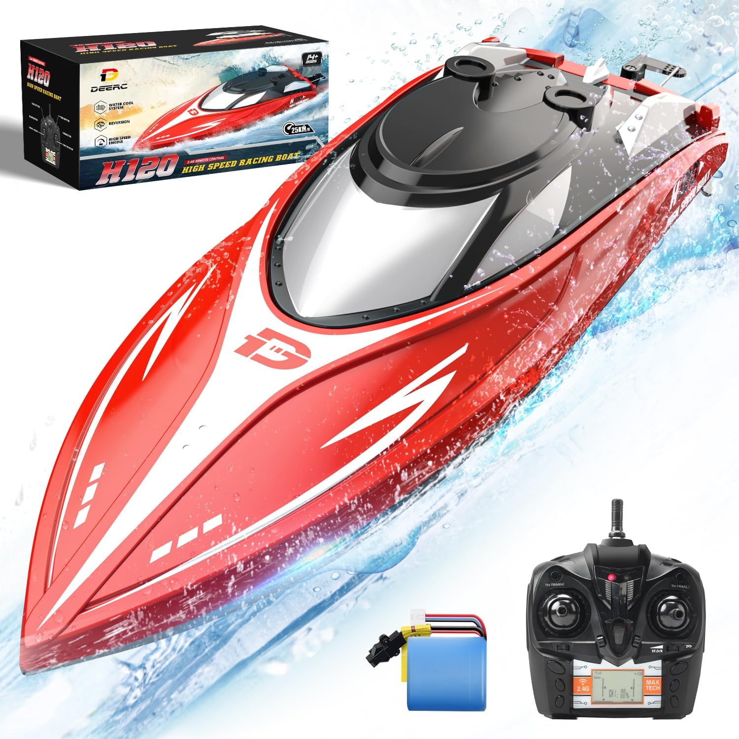 Craques fast remote control boat for kids in red with black remote and rechargeable battery pack